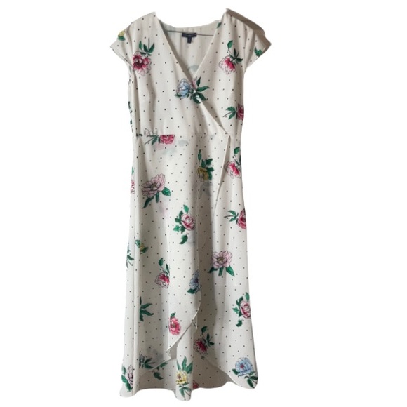 Madison polka dotted black white floral v neck cap sleeves flowing wrap dress m - Picture 3 of 17